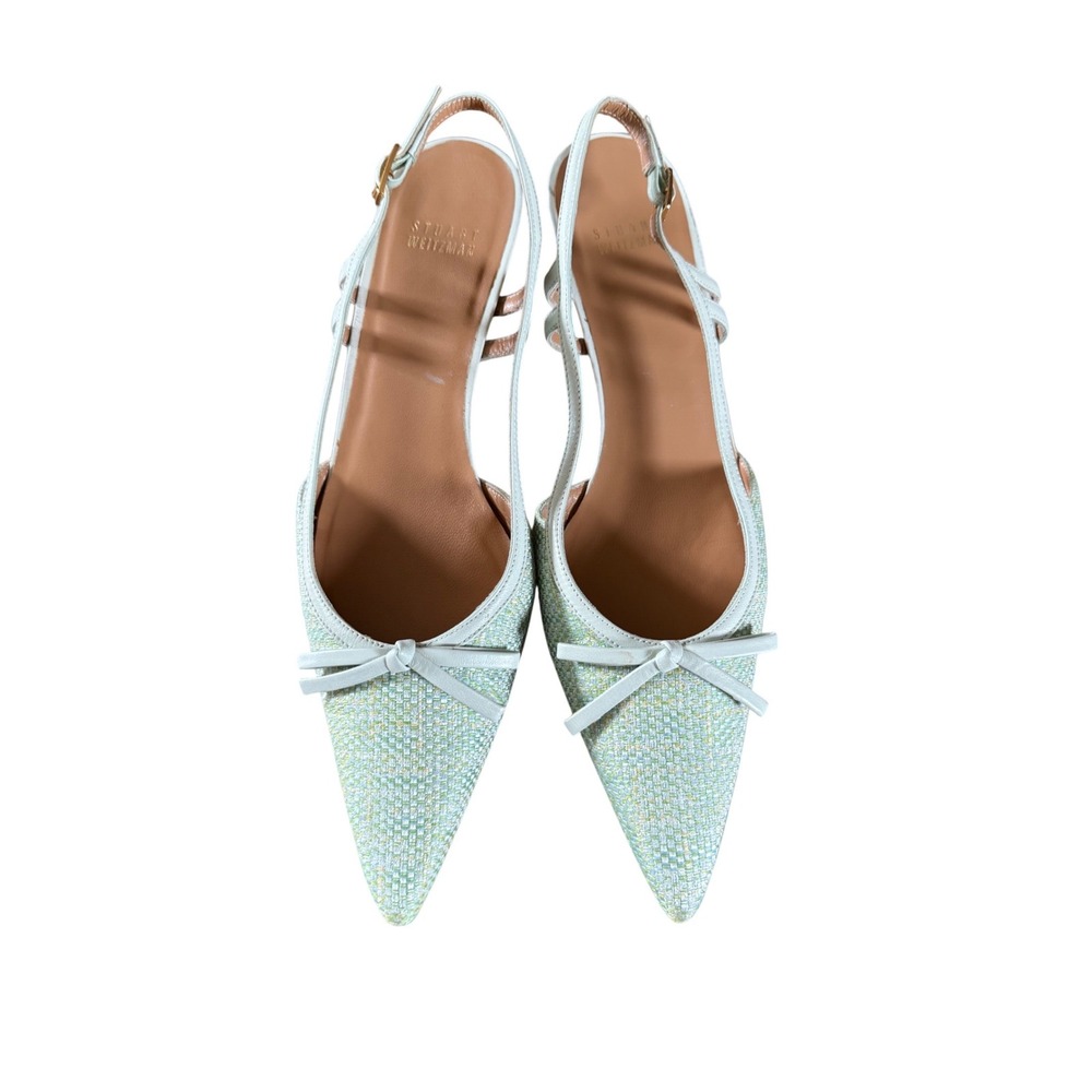 VINTAGE Stuart Weitzman Bridge Sling Back Heels, Pistachio Linen Tweed, Size 8.5